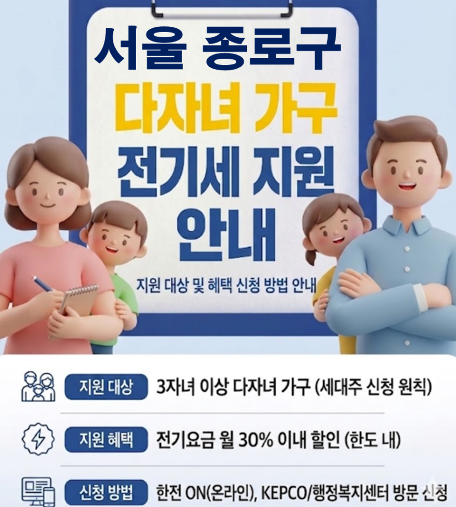 2026 종로구 다자녀 가정 전기세 지원 얼마나 될까??(대상자 및 신청방법) 2026 종로구 다자녀 가정 전기세 지원 얼마나 될까??(대상자 및 신청방법)