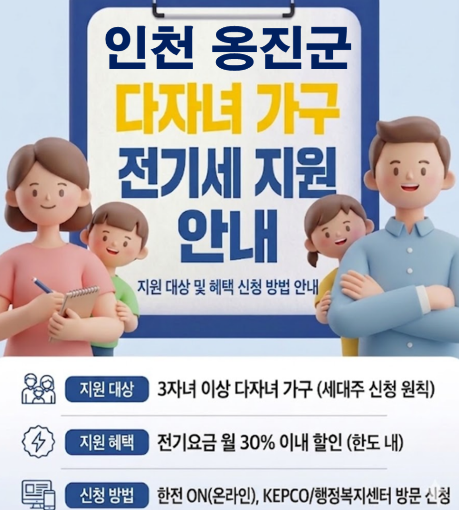 2026 옹진군 다자녀 전기세 지원 얼마나 될까??(대상자 및 신청방법) 2026 옹진군 다자녀 전기세 지원 얼마나 될까??(대상자 및 신청방법)