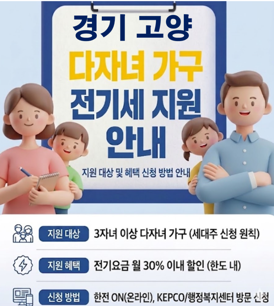 2026 고양 다자녀 전기세 지원 얼마나 될까??(대상자 및 신청방법) 2026 고양 다자녀 전기세 지원 얼마나 될까??(대상자 및 신청방법)