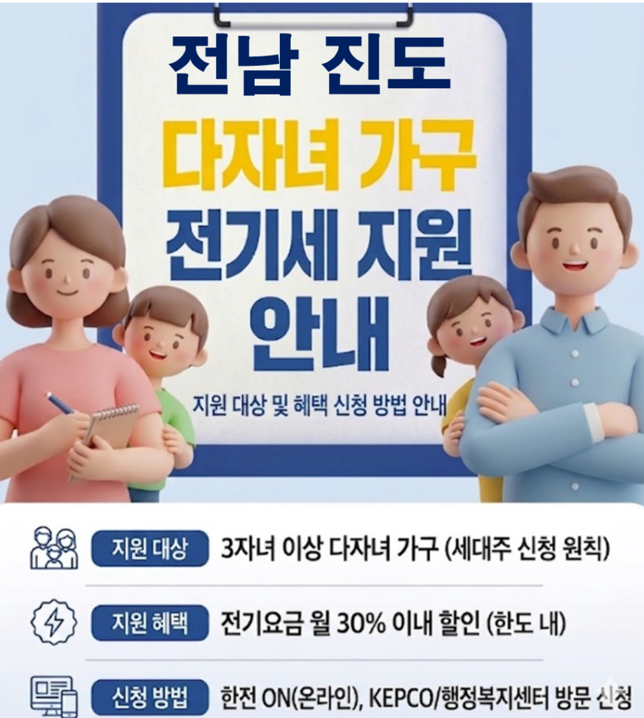 2026 진도 다자녀 전기세 지원 얼마나 될까??(대상자 및 신청방법) 2026 진도 다자녀 전기세 지원 얼마나 될까??(대상자 및 신청방법)
