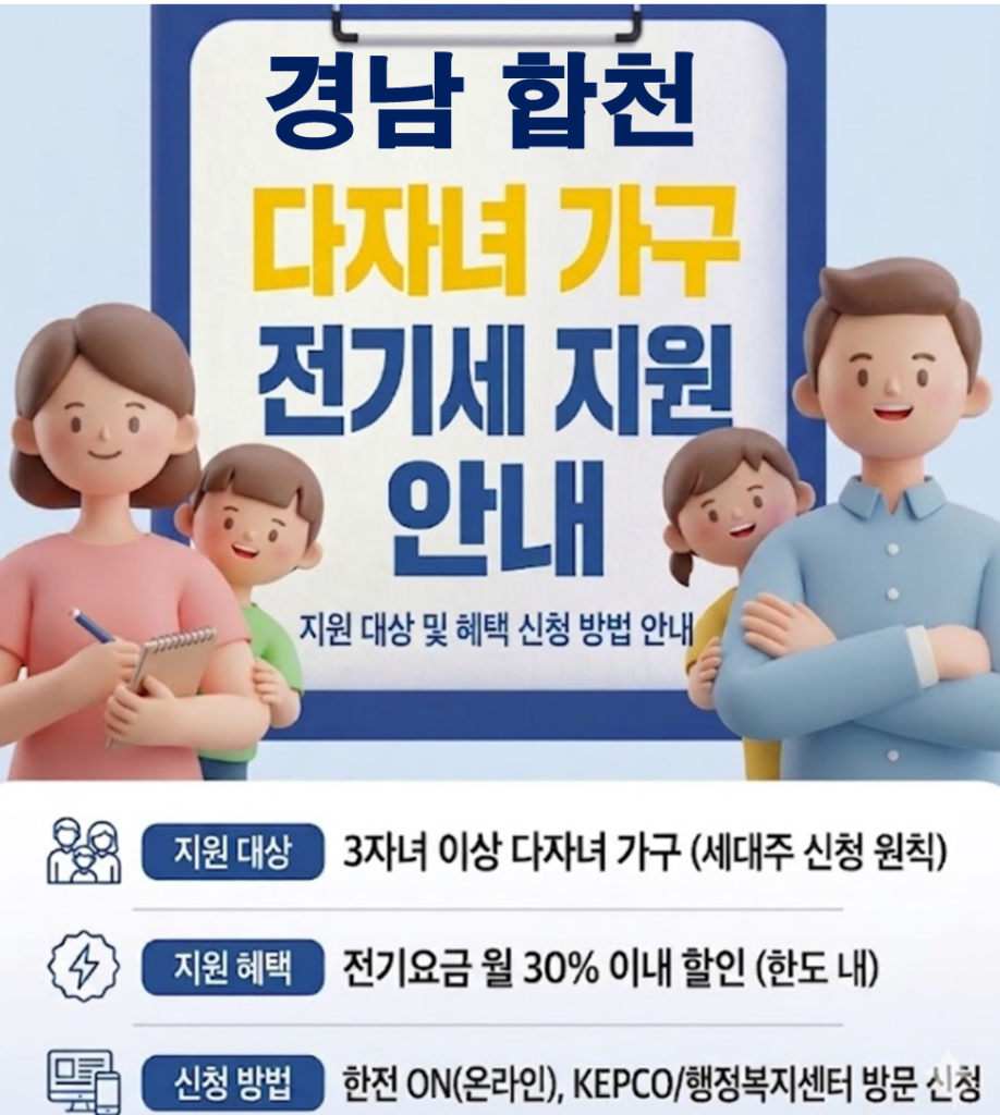 2026 합천 다자녀 전기세 지원 얼마나 될까??(대상자 및 신청방법) 2026 합천 다자녀 전기세 지원 얼마나 될까??(대상자 및 신청방법)